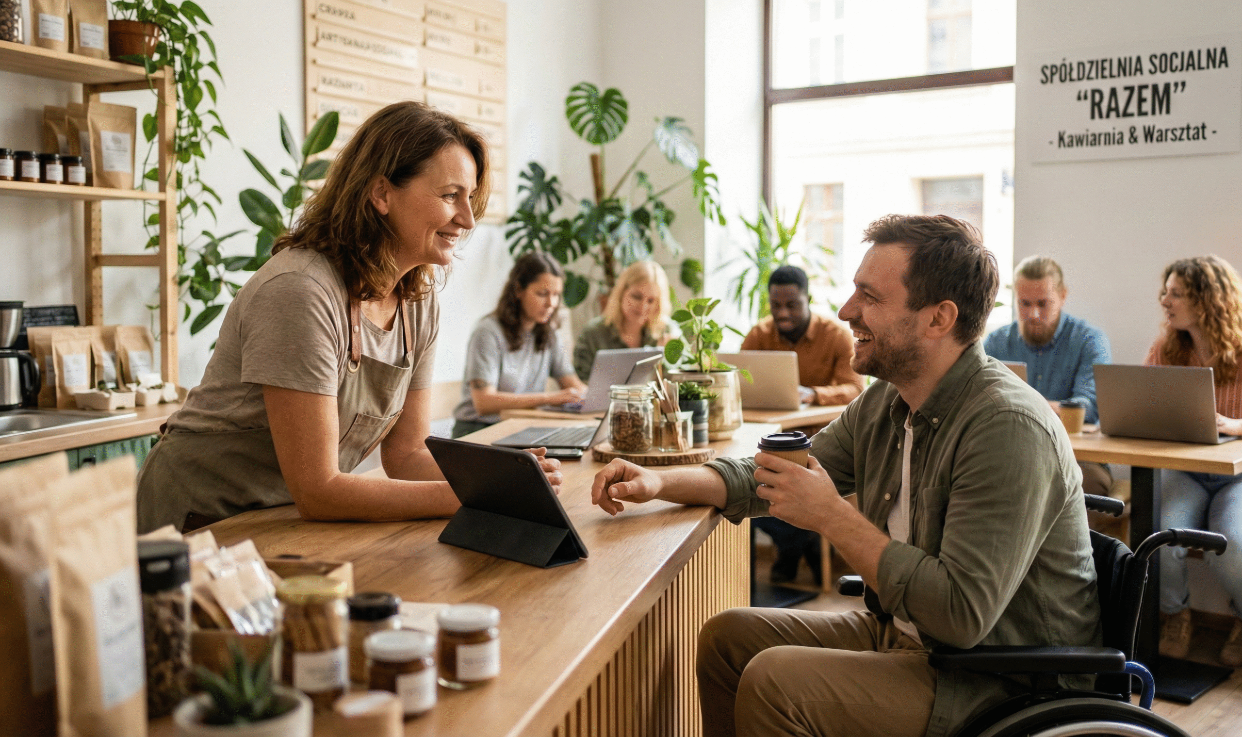 Dokumentalne zdjęcie w jasnej kawiarni prowadzonej przez spółdzielnię socjalną. Uśmiechnięta kobieta w fartuchu rozmawia przy drewnianej ladzie z radosnym mężczyzną na wózku inwalidzkim, który trzyma kubek z kawą i gestykuluje. W tle widać innych klientów pracujących przy laptopach, rośliny oraz szyld z napisem "SPÓŁDZIELNIA SOCJALNA 'RAZEM'". Zdjęcie ma ciepłą, przyjazną atmosferę.