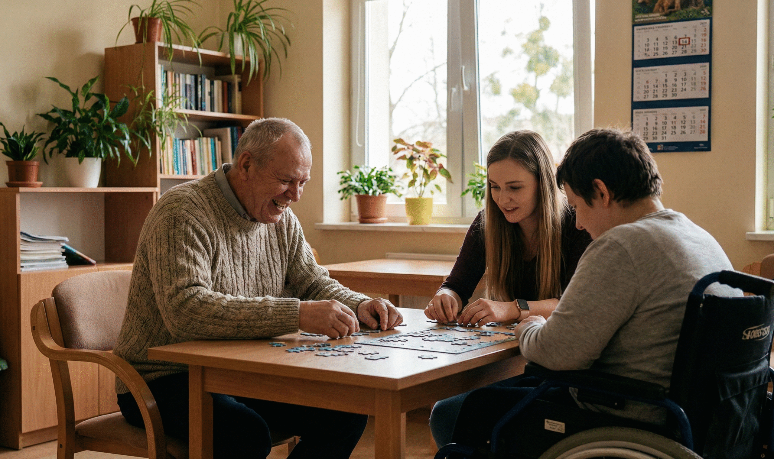 Dokumentalne zdjęcie w jasnym pokoju dziennym. Uśmiechnięty starszy mężczyzna w swetrze, młoda kobieta stojąca obok oraz chłopak siedzący na wózku inwalidzkim wspólnie układają puzzle przy drewnianym stole. W tle widać okno z roślinami doniczkowymi, regał z książkami i kalendarz na ścianie. Atmosfera jest spokojna i współpracująca.