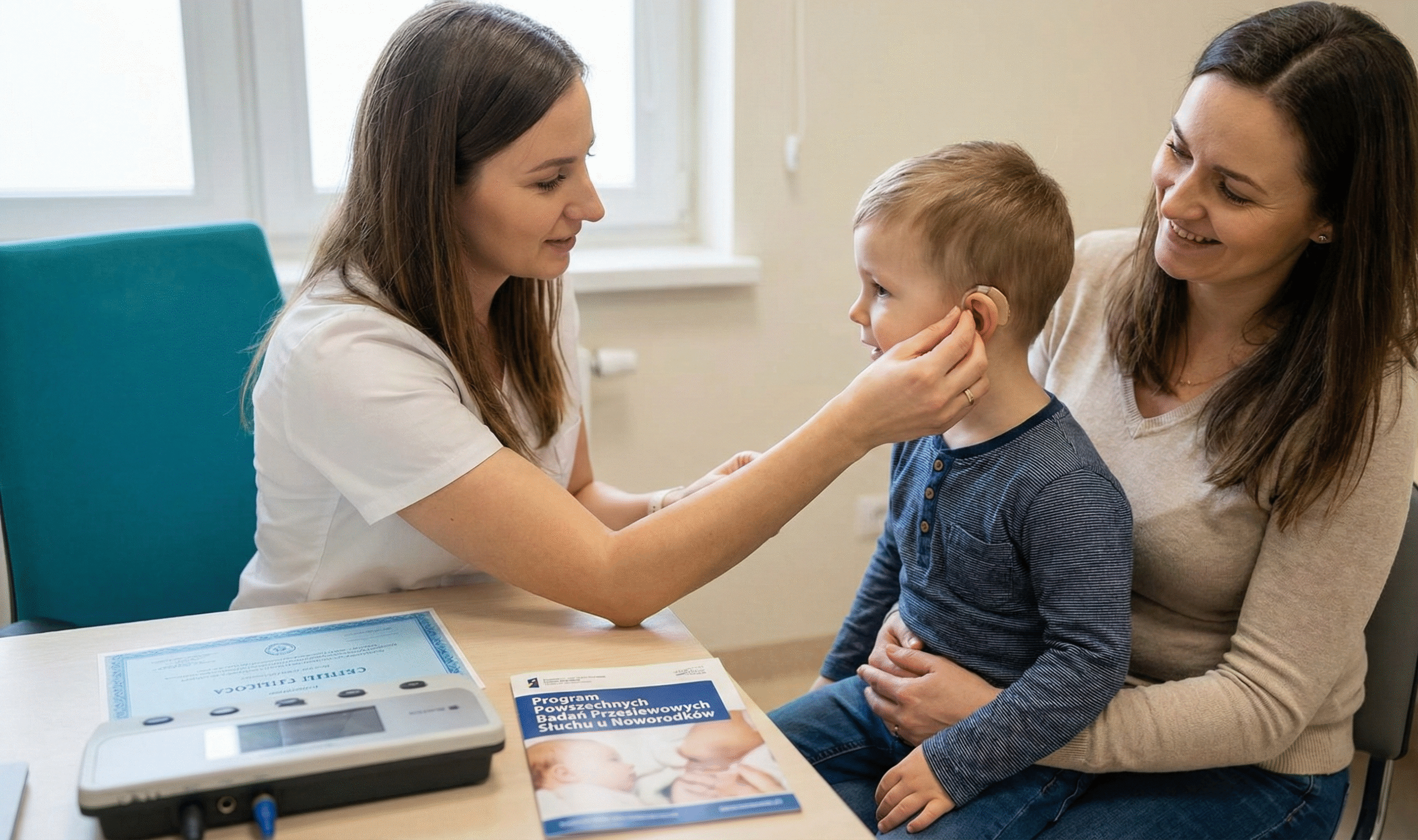 Dokumentalne zdjęcie w jasnym gabinecie. Uśmiechnięta specjalistka (audiolog) delikatnie zakłada aparat słuchowy za ucho małego chłopca, który siedzi na kolanach swojej uśmiechniętej matki. Na biurku obok nich znajduje się urządzenie diagnostyczne, certyfikat oraz broszura z napisem "Program Powszechnych Badań Przesiewowych Słuchu u Noworodków".