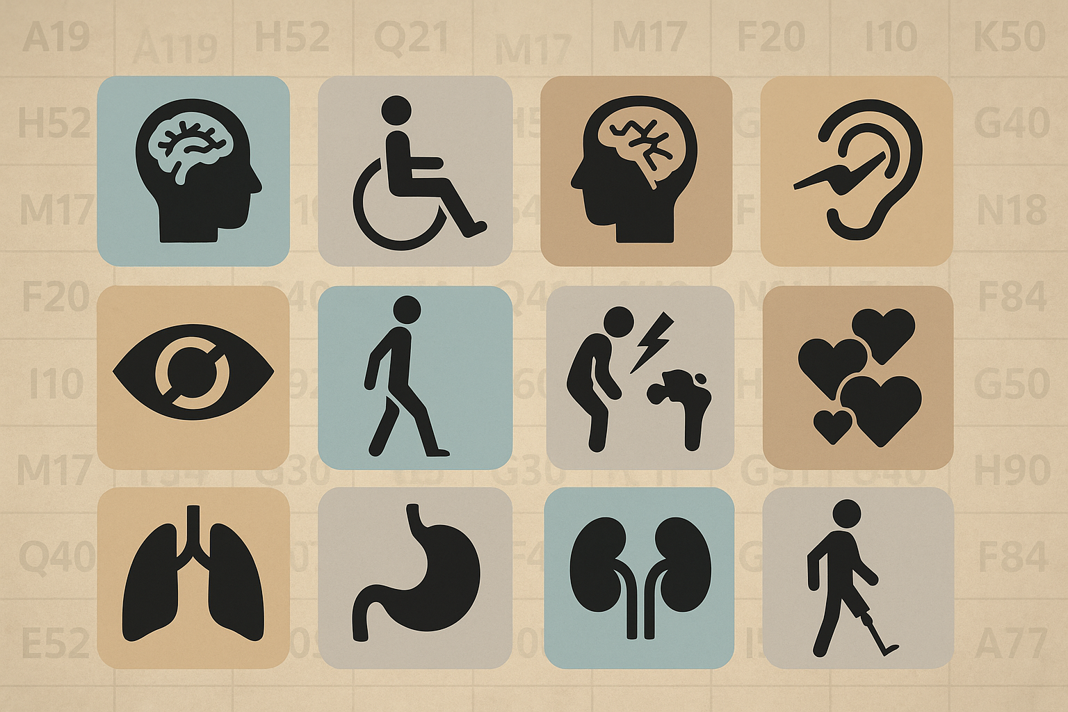 Ilustracja przedstawia zestaw symboli graficznych różnych rodzajów niepełnosprawności — m.in. intelektualnej, ruchowej, sensorycznej, neurologicznej i psychicznej — rozmieszczonych w siatce na jasnym tle z subtelnymi oznaczeniami kodów ICD-10 w tle.