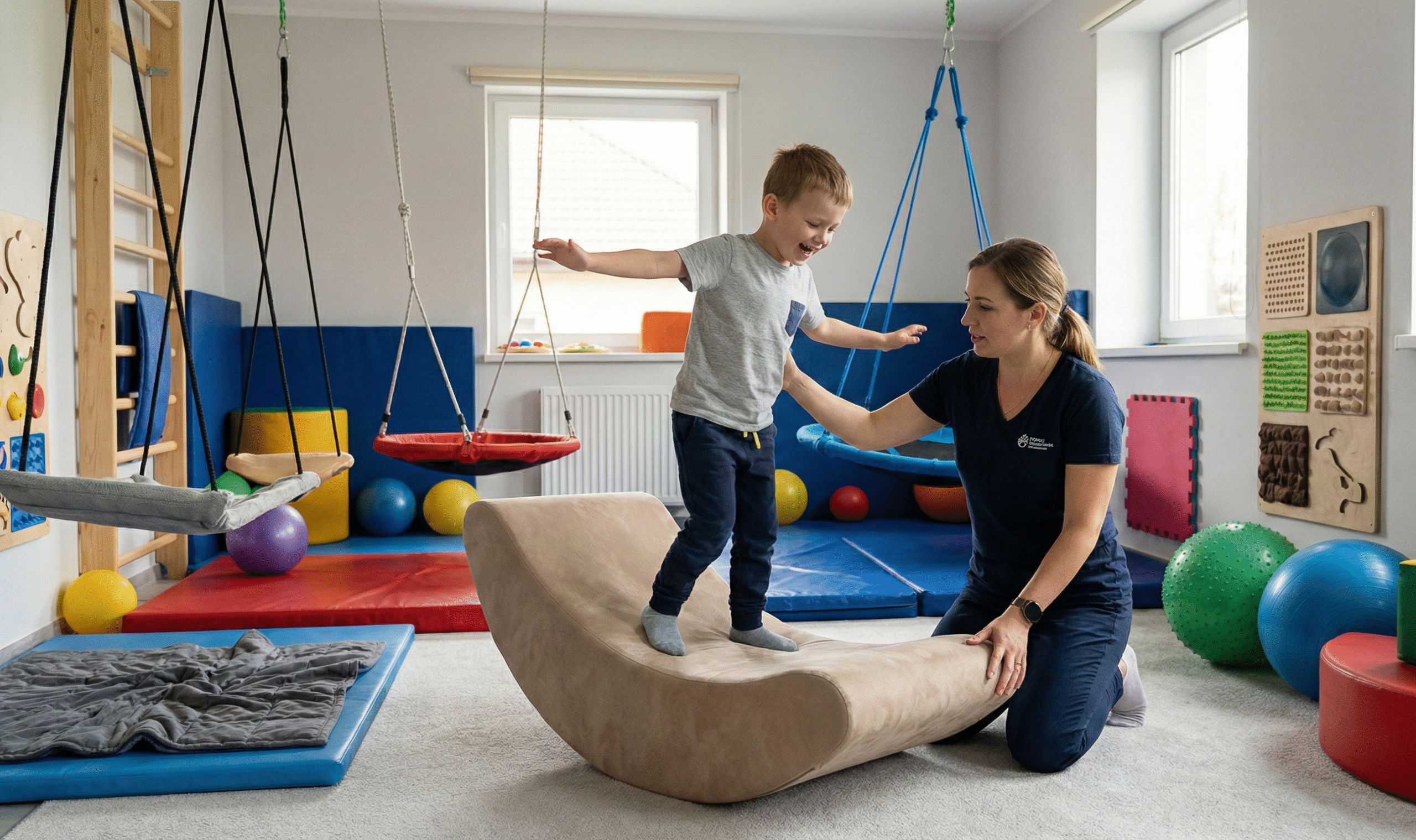 Dokumentalne zdjęcie z sesji terapii integracji sensorycznej (SI). Uśmiechnięty kilkuletni chłopiec balansuje z rozłożonymi rękami na dużym, tapicerowanym bujaku, asekurowany przez klęczącą obok terapeutkę. Jasna sala jest bogato wyposażona w sprzęt terapeutyczny: podwieszane huśtawki, drabinki, materace, piłki rehabilitacyjne i ścienne panele sensoryczne.
