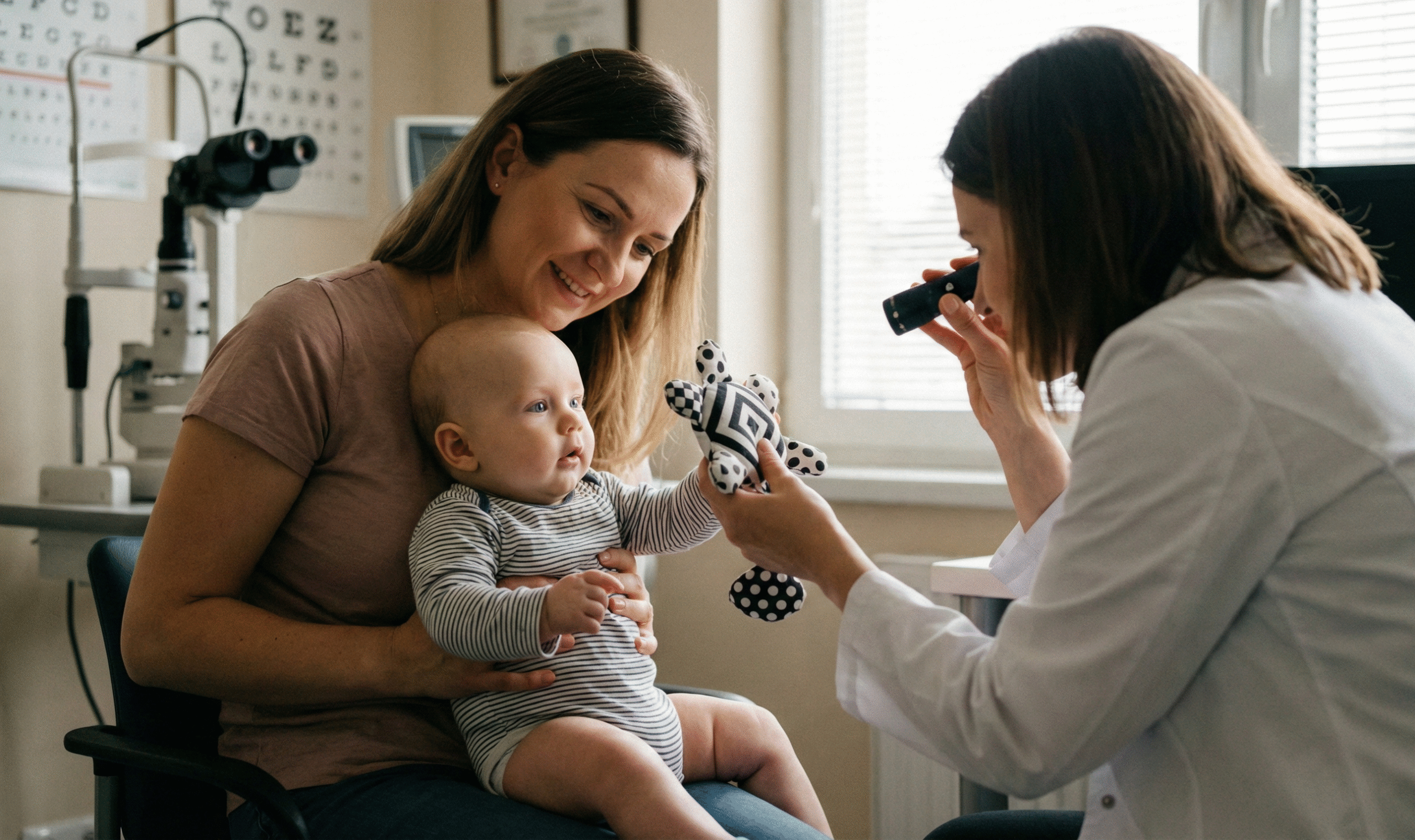 Dokumentalne zdjęcie w gabinecie okulistycznym. Uśmiechnięta matka trzyma na kolanach niemowlę, podczas gdy lekarka okulistka bada jego wzrok, używając oftalmoskopu i przyciągając uwagę dziecka czarno-białą, kontrastową zabawką. W tle widać sprzęt medyczny i tablicę do badania wzroku.