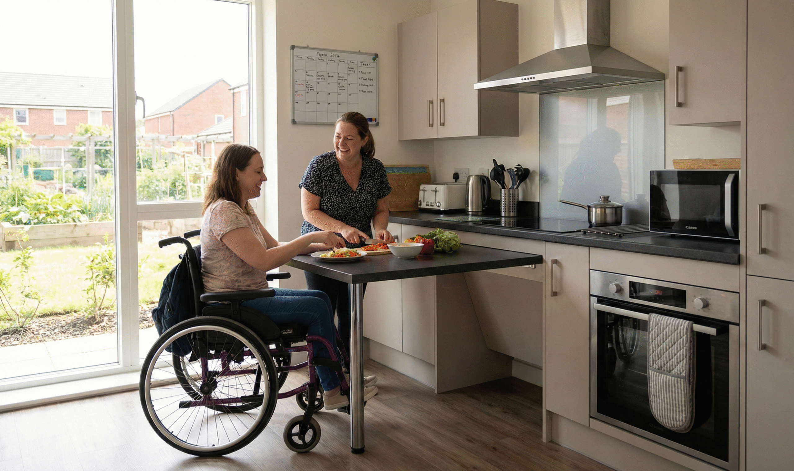 Dokumentalne zdjęcie w nowoczesnej, dostosowanej kuchni. Uśmiechnięta kobieta na wózku inwalidzkim przygotowuje posiłek przy niskim blacie, podczas gdy druga kobieta, stojąca obok, kroi warzywa. Za nimi widać duże okno tarasowe z widokiem na ogród. Zdjęcie ilustruje codzienne życie i wsparcie w mieszkaniu wspomaganym.