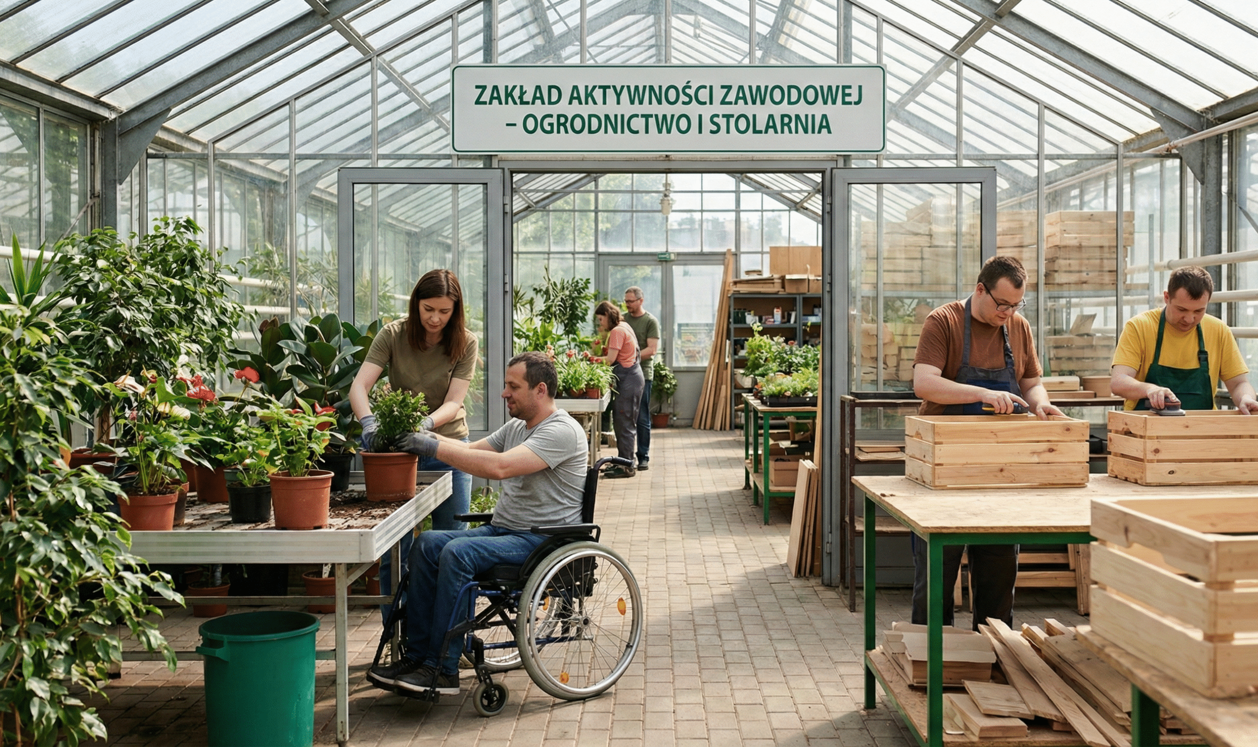 Dokumentalne zdjęcie wnętrza jasnej, przestronnej szklarni pełniącej funkcję Zakładu Aktywności Zawodowej (ZAZ). Na pierwszym planie po lewej stronie mężczyzna na wózku inwalidzkim i kobieta przesadzają rośliny doniczkowe przy stole. Po prawej dwóch mężczyzn pracuje przy obróbce drewnianych skrzynek. Nad centralnym przejściem wisi duży biały szyld z zielonym napisem: "ZAKŁAD AKTYWNOŚCI ZAWODOWEJ – OGRODNICTWO I STOLARNIA". W tle widać bujną roślinność i kolejne osoby przy pracy.