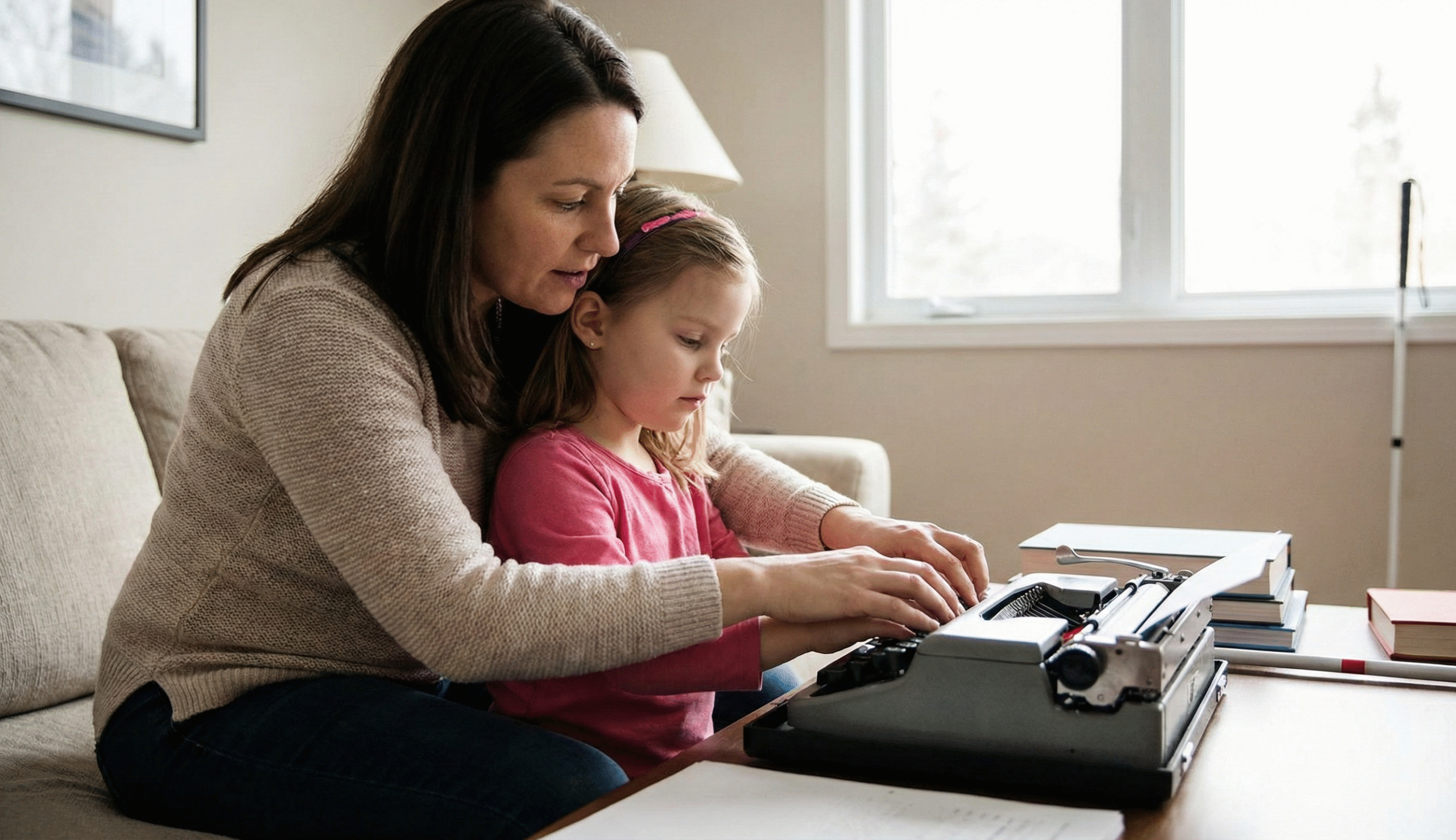 Dokumentalne zdjęcie w przytulnym salonie. Matka siedzi na kanapie z małą, niewidomą córką i cierpliwie prowadzi jej ręce, ucząc ją pisać na mechanicznej maszynie brajlowskiej. W tle, przy oknie, oparta jest biała laska.