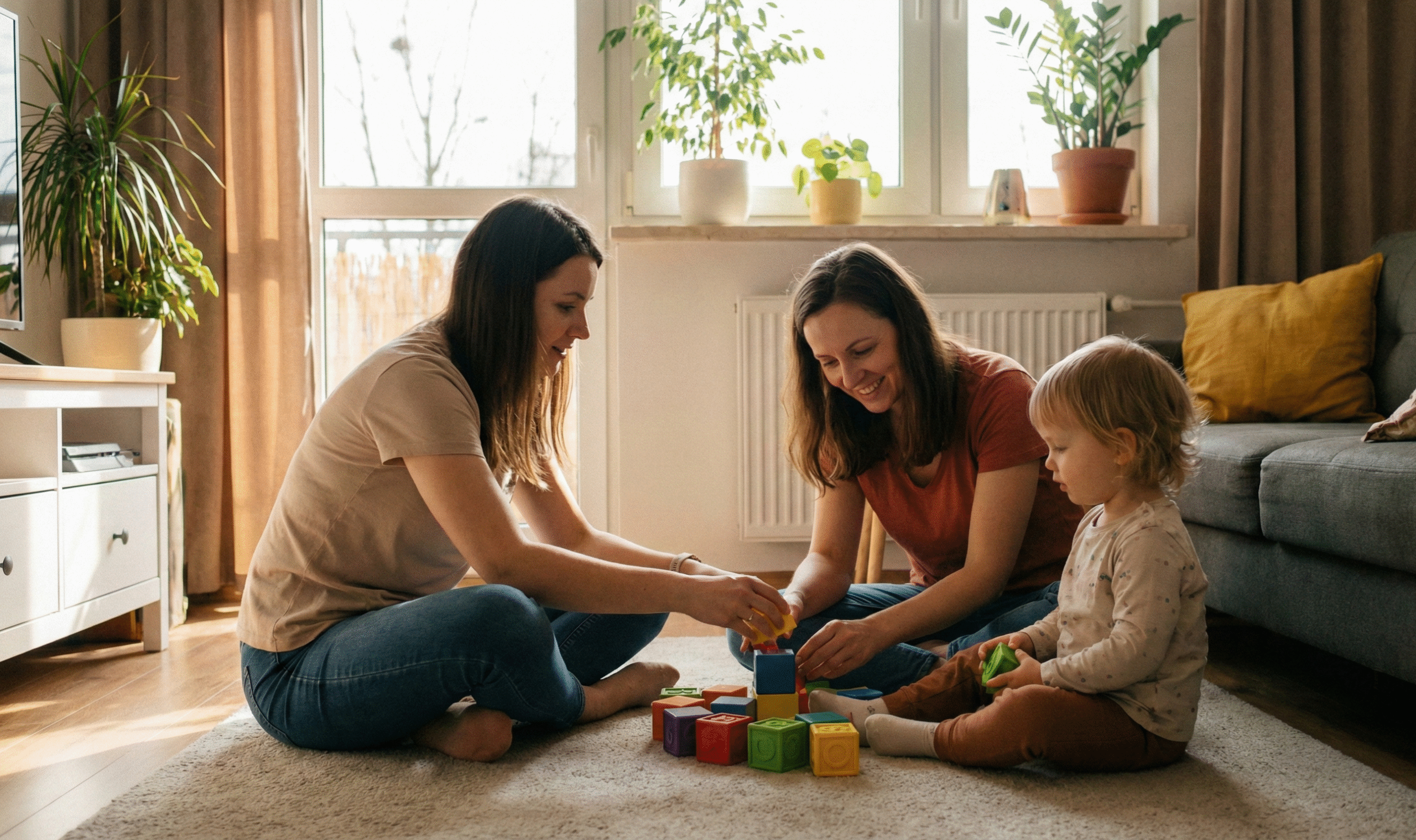 Dwie uśmiechnięte kobiety i małe dziecko siedzą na dywanie w jasnym, przytulnym salonie, wspólnie bawiąc się kolorowymi klockami. W tle widać duże okno z roślinami doniczkowymi oraz szarą kanapę z żółtą poduszką. Zdjęcie oddaje atmosferę ciepła i wspierającej interakcji.