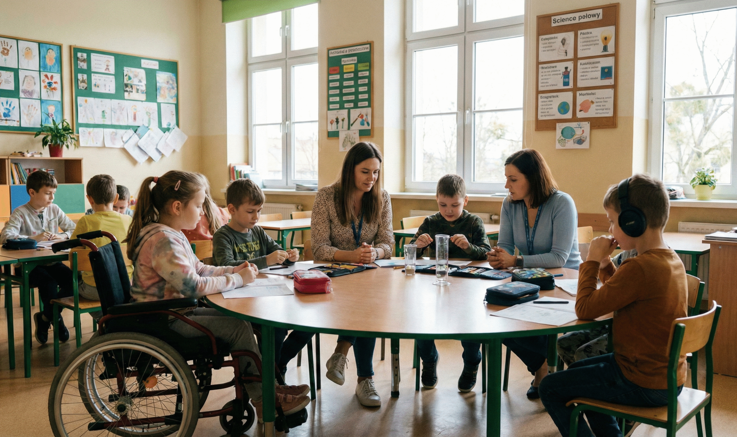 Dokumentalne zdjęcie z lekcji w inkluzywnej klasie szkolnej. Przy okrągłym stole siedzi grupa dzieci o zróżnicowanych potrzebach, w tym dziewczynka na wózku inwalidzkim i chłopiec w słuchawkach, pracując wspólnie z dwiema nauczycielkami. W tle widać innych uczniów przy ławkach. Sala jest jasna, wypełniona naturalnym światłem, a na ścianach wiszą pomoce edukacyjne.
