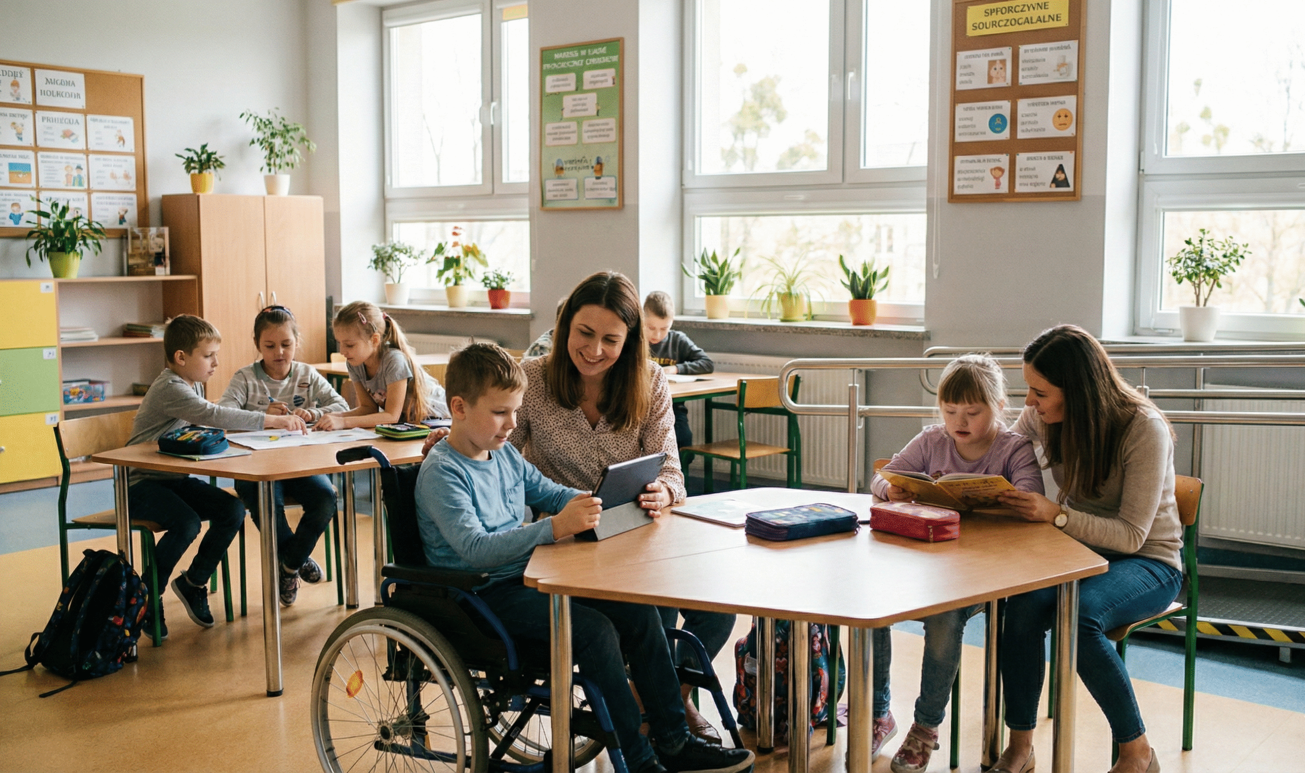 Dokumentalne zdjęcie jasnej, szkolnej klasy integracyjnej. Na pierwszym planie uśmiechnięta nauczycielka pomaga chłopcu na wózku inwalidzkim korzystać z tabletu, a druga nauczycielka wspiera uczennicę z zespołem Downa w czytaniu książki przy wspólnym stoliku. W tle inne dzieci współpracują w grupach. Sala jest przestronna, słoneczna i dostosowana do potrzeb osób z niepełnosprawnościami, z widoczną rampą w głębi.