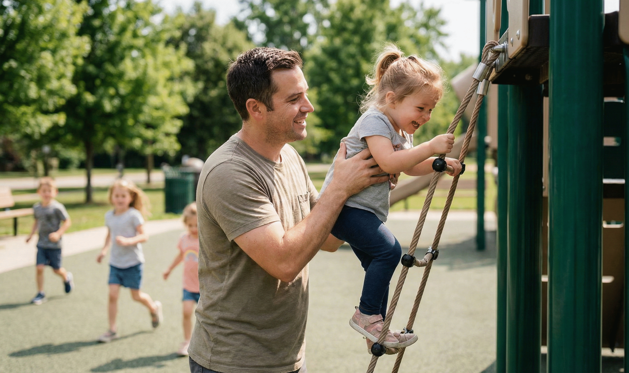 Radosne zdjęcie na placu zabaw w słoneczny dzień. Uśmiechnięty mężczyzna asekuruje małą, śmiejącą się dziewczynkę, która wspina się po drabince linowej. W tle widać inne bawiące się dzieci i drzewa.