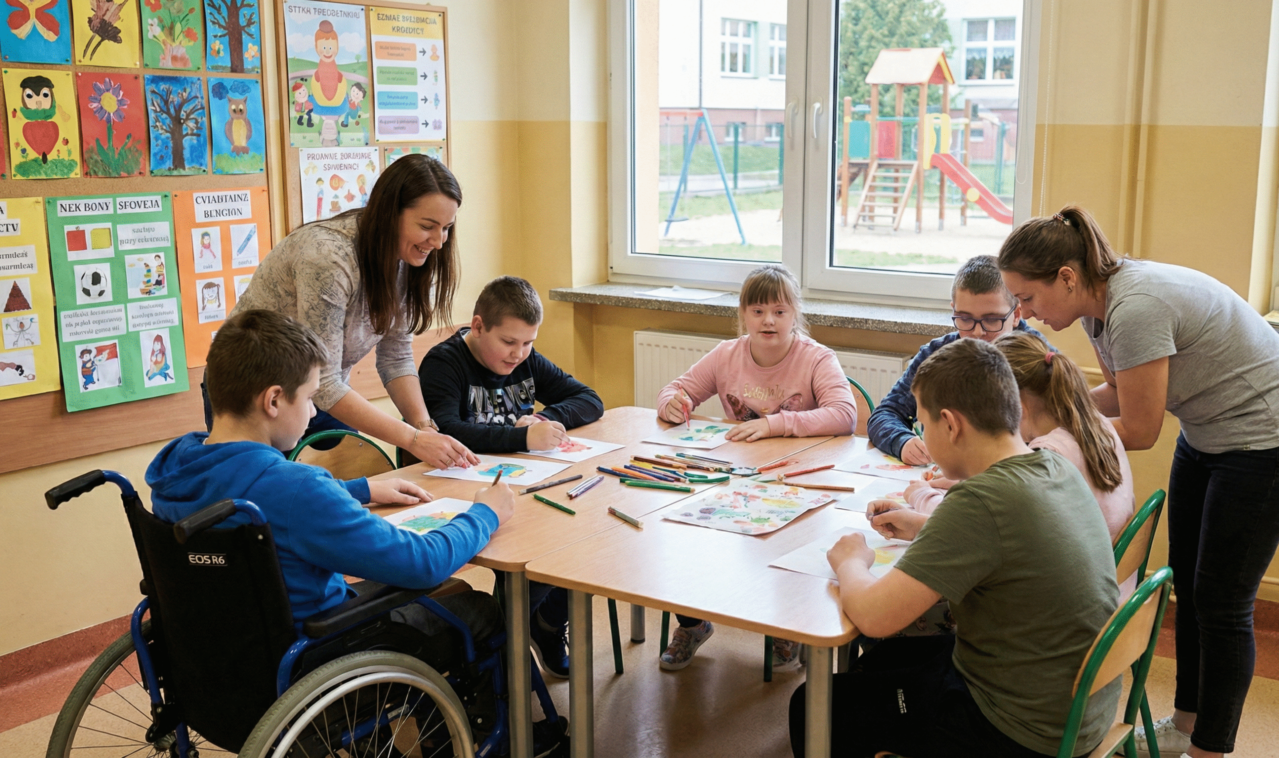 Dokumentalne zdjęcie z jasnej sali lekcyjnej w szkole podstawowej specjalnej. Przy dużym stole grupa uczniów z różnymi potrzebami edukacyjnymi, w tym chłopiec na wózku inwalidzkim i dziewczynka z zespołem Downa, wspólnie wykonuje prace plastyczne. Dwie uśmiechnięte nauczycielki lub terapeutki wspierają dzieci w zadaniu. Na ścianach wiszą kolorowe rysunki i plakaty edukacyjne w języku polskim, a za oknem widać szkolny plac zabaw. Zdjęcie oddaje ciepłą, wspierającą atmosferę podczas zajęć.